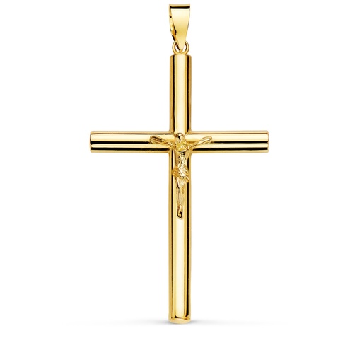[P16834] 18K CRUZ ORO AMARILLO CON CRISTO TUBO HUECO. 35 X 23 X 3 MM