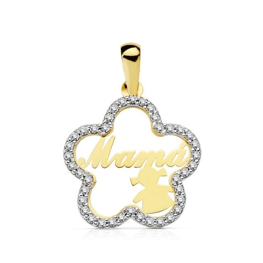 [P16835-NINA] 18K COLGANTE MAMA BICOLOR FLOR CON NIÑA 18 MM