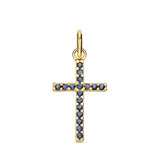 [P16843-AZ] 18K CRUZ ORO AMARILLO PIEDRAS AZULES 16X10 MM