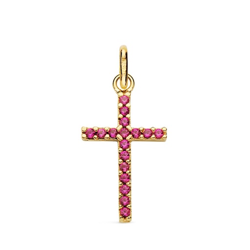 [P16843-RO] 18K CRUZ ORO AMARILLO PIEDRAS ROJAS 16X10 MM