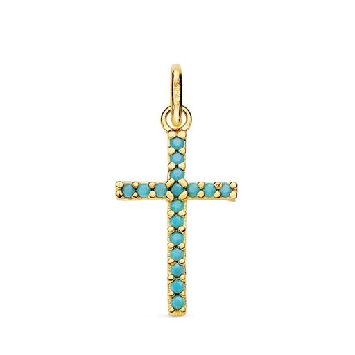[P16843-T] 18K CRUZ ORO AMARILLO PIEDRAS TURQUESAS 16X10 MM