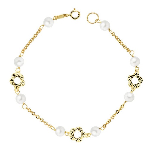 [P16844] 18K PULSERA FLOR Y PERLA 5 MM 18 CM