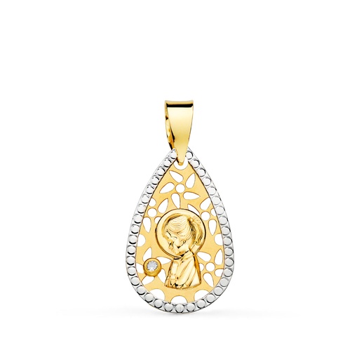 [P16857] 18K MEDALLA ORO BICOLOR VIRGEN NIÑA CALADA BORDES TALLADOS 19X12 MM
