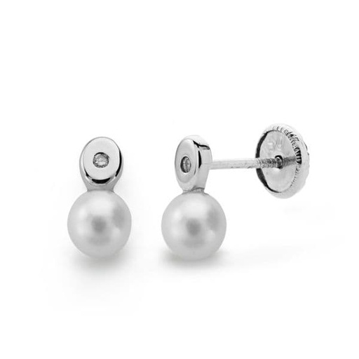[P1688] 18K PENDIENTES PERLA Y DIAMANTES TALLA BRILLANTE 0.02 QTS.