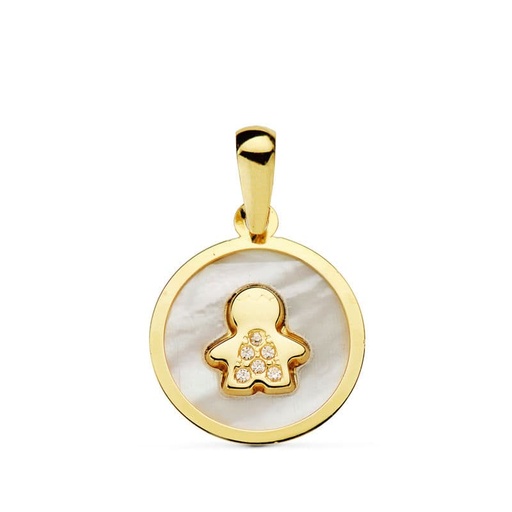 [P16888] 18K COLGANTE ORO AMARILLO NACAR NIÑO CIRCONITAS 12 MM