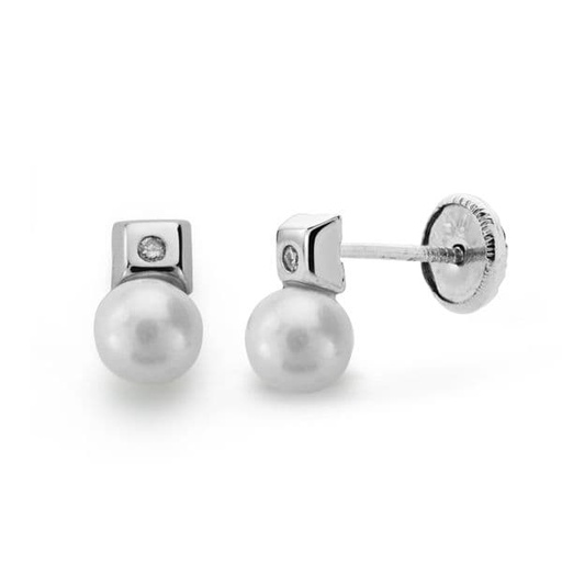 [P1689] 18K PENDIENTES ORO BLANCO PERLA Y DIAMANTES TALLA BRILLANTE 0.02  QTS.