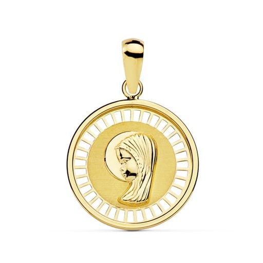 [P16897] 18K MEDALLA VIRGEN NIÑA CERCO CALADO 18 MM