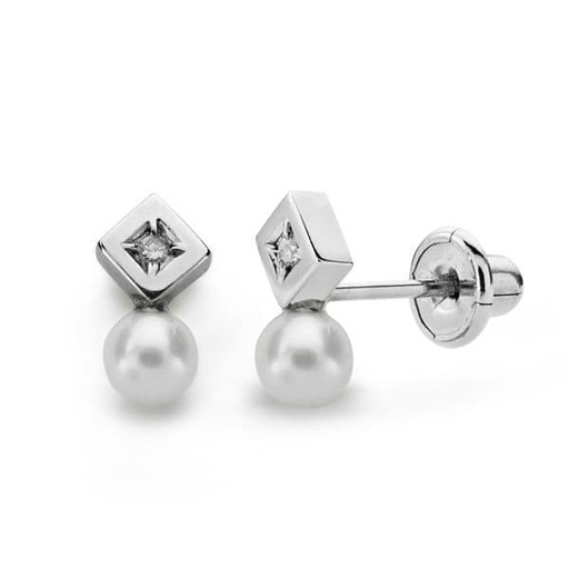 [P1690] 18K PENDIENTES PERLA Y DIAMANTES TALLA BRILLANTE 0.012 QTS.