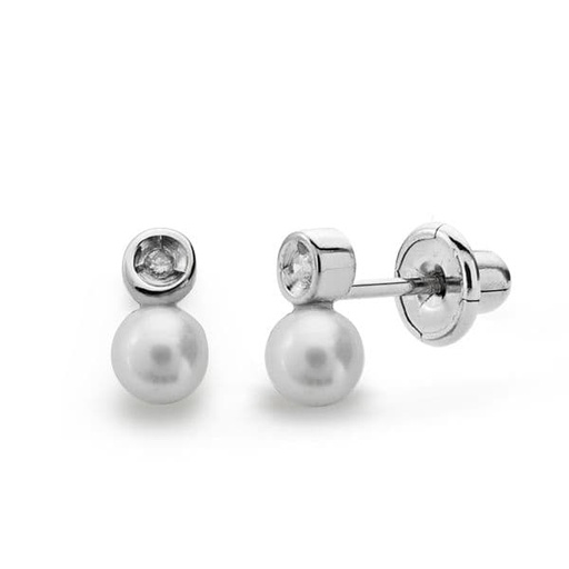 [P1691] 18K PENDIENTES PERLA Y DIAMANTES TALLA BRILLANTE 0.012  QTS.