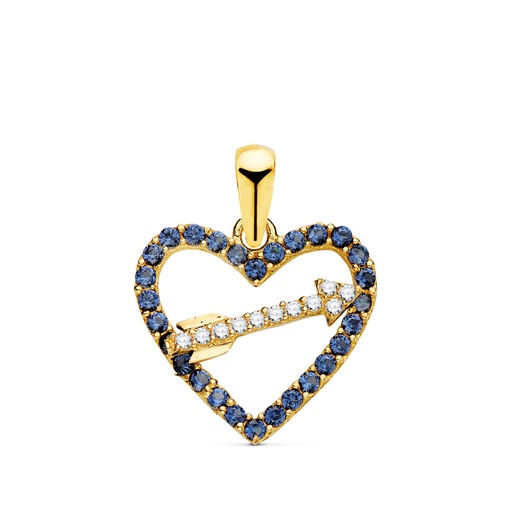 [P16910-AZ] 18K COLGANTE ORO AMARILLO CORAZON CON CIRCONITAS AZULES Y FLECHA 15 X 14MM
