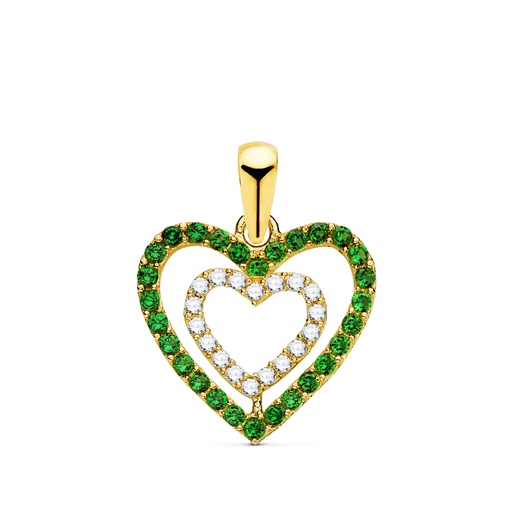 [P16911-VE] 18K COLGANTE ORO AMARILLO CORAZONES CON CIRCONITAS VERDES Y BLANCAS 15 X 14MM