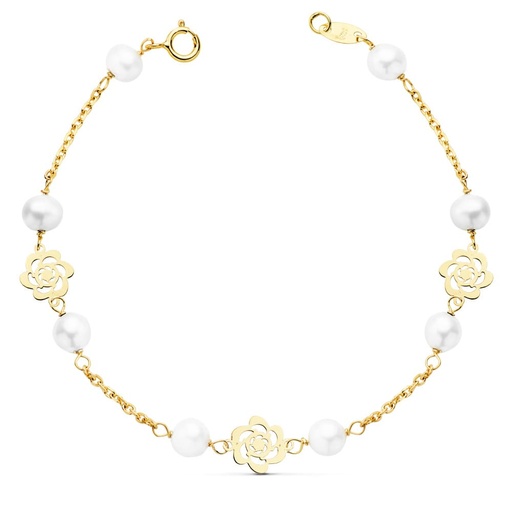 [P16912] 18K PULSERA ORO AMARILLO COMUNION FLORES CALADAS Y PERLA 3 MM 17 CM