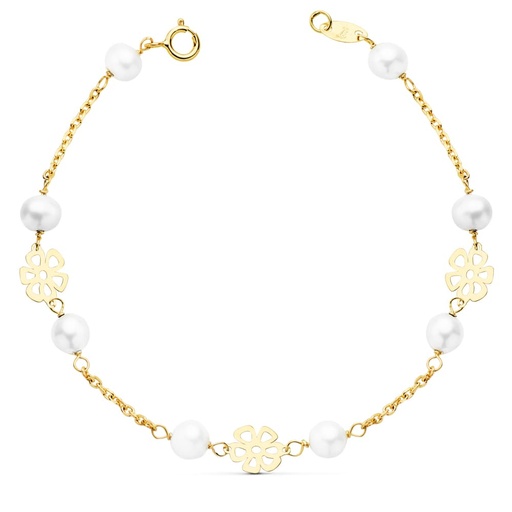 [P16914] 18K PULSERA COMUNION FLORES CALADAS 17 CM