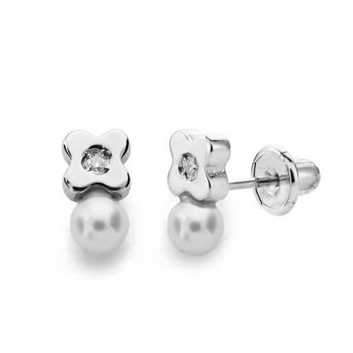 [P1692] 18K PENDIENTES PERLA 3 MM DIAMANTES TALLA BRILLANTE 0.012KTS