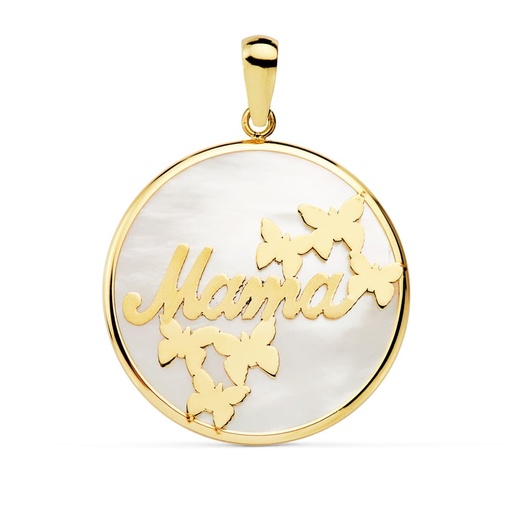 [P16922] 18K COLGANTE ORO AMARILLO MAMA NACAR MARIPOSAS 20 MM