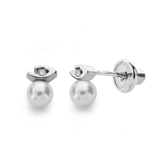 [P1693] 18K PENDIENTES ORO BLANCO PERLA 3 MMDIAMANTES TALLA BRILLANTE 0.012 KTS