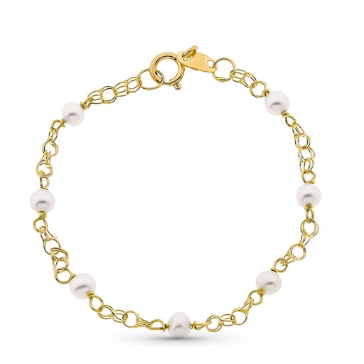 [P16979-P] 18K PULSERA ORO AMARILLO NIÑA PERLA 3 MM Y CADENA HUNGARA LONGITUD 12 CM