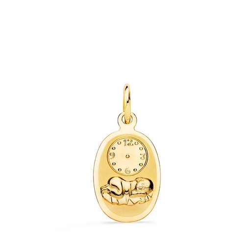 [P16992] 18K MEDALLA OVAL NIÑO DE LA HORA CON RELOJ BRILLO Y MATE 18X10 MM