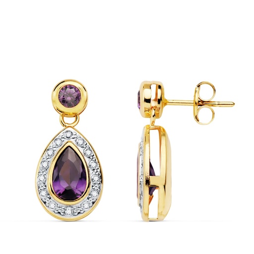 [P16998-AT] 18K PENDIENTES ORO BICOLOR PIEDRAS AMATISTA 19X9 MM