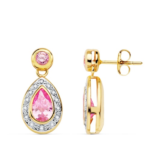 [P16998-RO] 18K PENDIENTES ORO BICOLOR PIEDRAS ROSAS. 19X9 MM