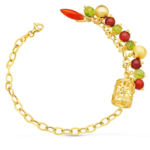 [P17000022] 18K PULSERA ORO AMARILLO ESLABONES CON JAULA Y PIEDRAS LARGO 19.5 CM
