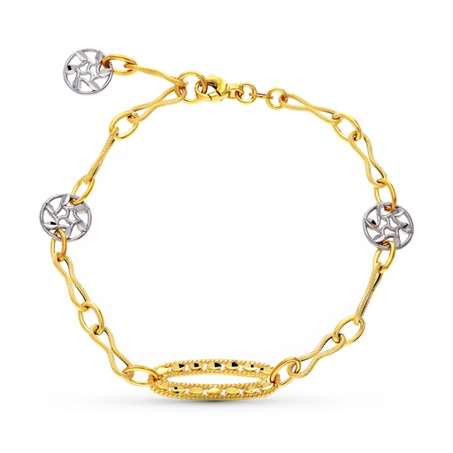 [P17000043] 18k PULSERA ORO BICOLOR MOTIVOS Y HOJAS