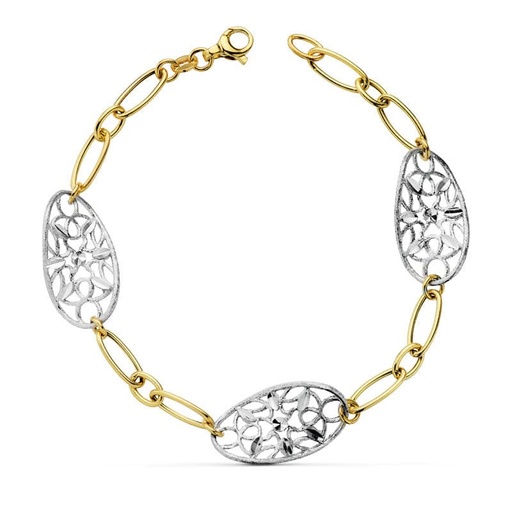 [P17000047] 18K PULSERA BICOLOR HOJITAS 19 CM