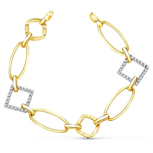 [P17000103] 18K PULSERA ORO BICOLOR ESLABONES Y CIRCONITAS ANCHO 16 MM LARGO 17 CM