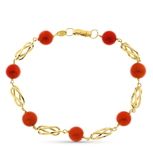 [P17000219] 18K PULSERA ORO AMARILLO JAULA Y CORAL FINO JAPONES 8 MM