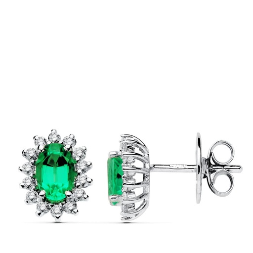 [P1724-1-ES] 18K PENDIENTES ORO BLANCO ESMERALDA 0.78 QTS. DIAMANTES 0.28 QTS. SI-H
