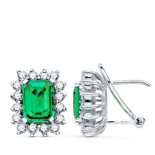 [P1735-ES] 18K PENDIENTES ORO BLANCO 32 DIAMANTES 1.12 QT. Y ESMERALDAS 3.00 QT. 13X11 MM