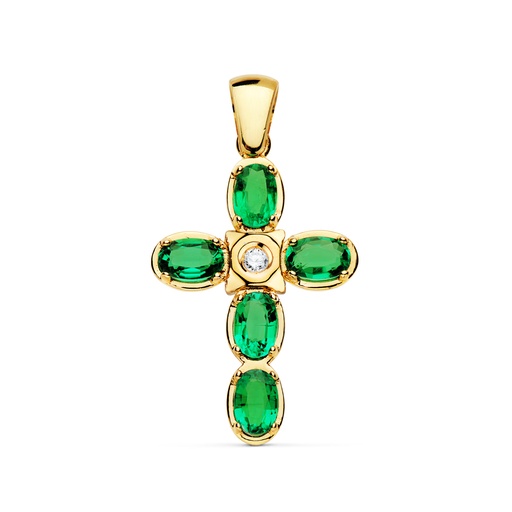 [P1742] 18K CRUZ ORO AMARILLO DIAMANTE  1.95 QTS. ESMERALDAS 0.49 QTS  MEDIDAS 28X19 MM