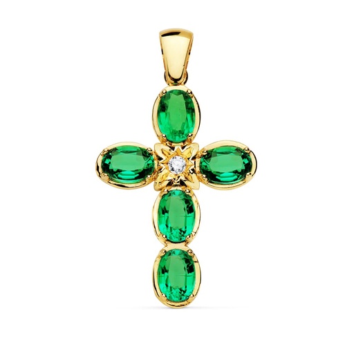 [P1743] 18K CRUZ ORO AMARILLO BRILLANTE 0.065 QTS. 30X21 MM ESMERALDAS 3.75 QTS
