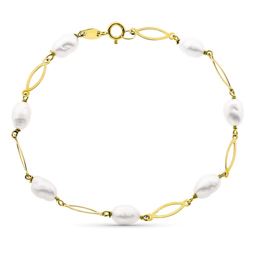 [P18000085] 18K PULSERA ENTREPIEZA Y PERLA 16.5 CM PERLA 4 MM