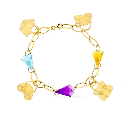 [P18000104] 18K PULSERA ORO AMARILLO PIEDRAS COLORES Y MOTIVOS.