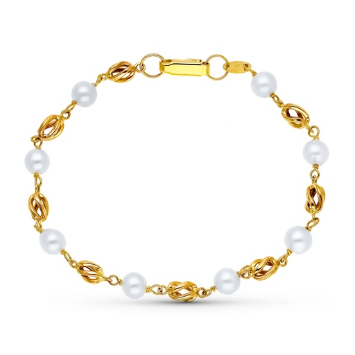 [P18000107-P] 18K PULSERA ORO AMARILLO JAULAS Y PERLAS 5MM 18 CM
