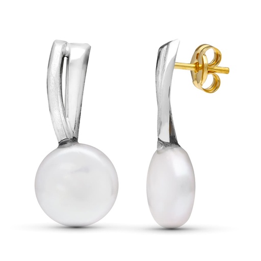 [P18040] 18K PENDIENTES ORO BLANCO BANDAS PERLA CULTIVADA 9 MM TOTAL 21X9 MM PRESION