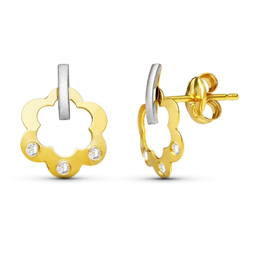 [P18053] 18K PENDIENTES ORO BICOLOR FLOR 11X8 MM PRESION