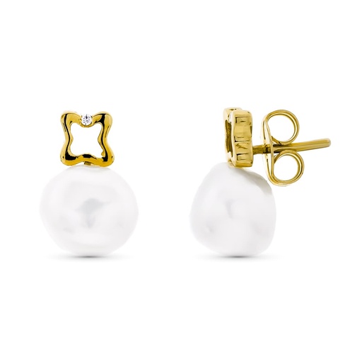 [P18058] 18K PENDIENTES ORO AMARILLO MOTIVO TREBOL CON PERLA CIERRE PRESION