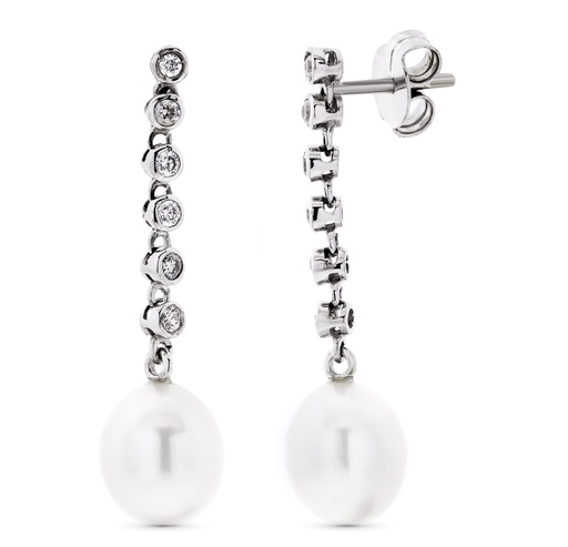 [P18068] 18K PENDIENTES ORO BLANCO LARGOS CON CIRCONITAS Y PERLA CIERRE PRESION