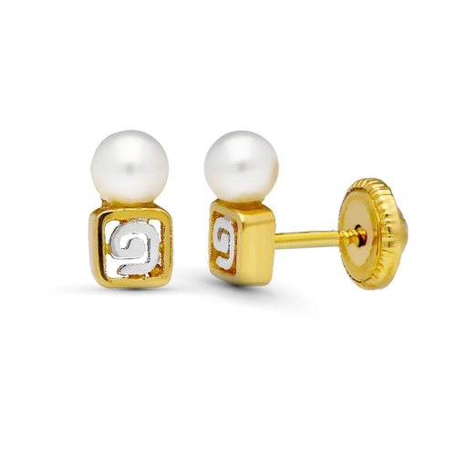 [P18083] 18K PENDIENTES ORO BICOLOR MOTIVO Y PERLA 7X3 MM
