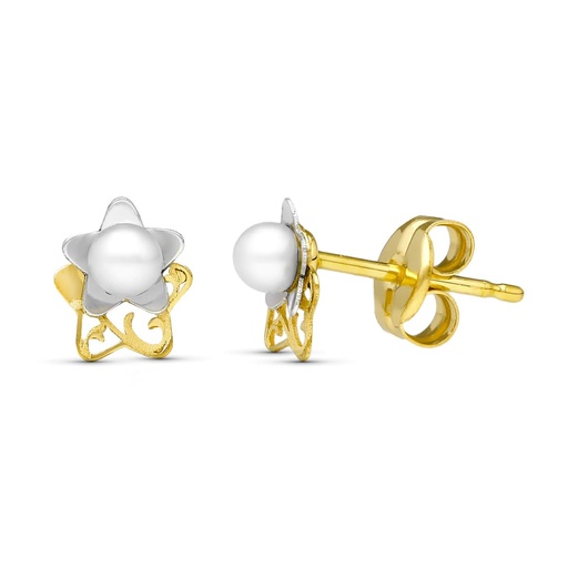 [P18094] 18K PENDIENTES ORO BICOLOR PERLA LASER. 6X5 MM