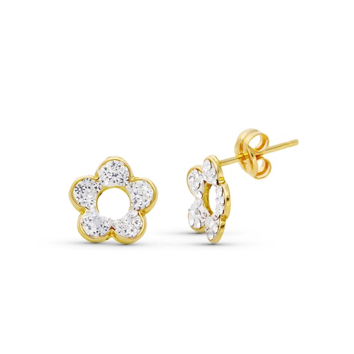[P18153] 18K PENDIENTES ORO BICOLOR FLOR CIRCONITAS 8X8 MM