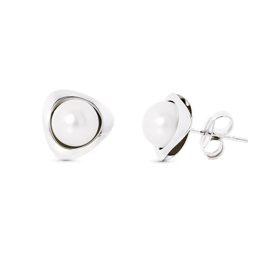 [P18166] 18K PENDIENTES ORO BLANCO PERLA TRIANGULO 9X9 MM CIERRE PRESION