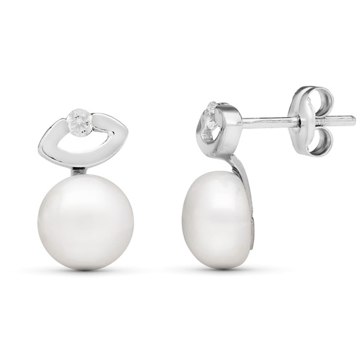 [P18204] 18K PENDIENTES ORO BLANCO CIRCONITA Y PERLA BOTON CULTIVADA 7 MM 12X7 MM CIERRE PRESION