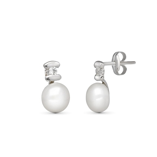 [P18205] 18K PENDIENTES PERLA CIRCONITAS 10X6 MM