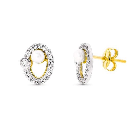 [P18228] 18K PENDIENTES ORO BICOLOR PERLA 3 MM 9X7 MM CIERRE PRESION