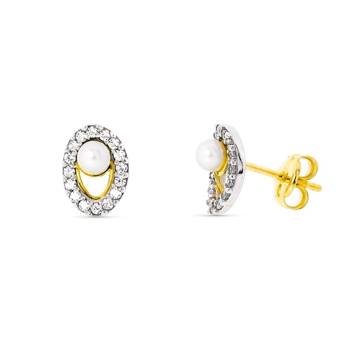 [P18229] 18K PENDIENTES ORO BICOLOR PERLA 3 MM 8X5 MM CIERRE PRESION
