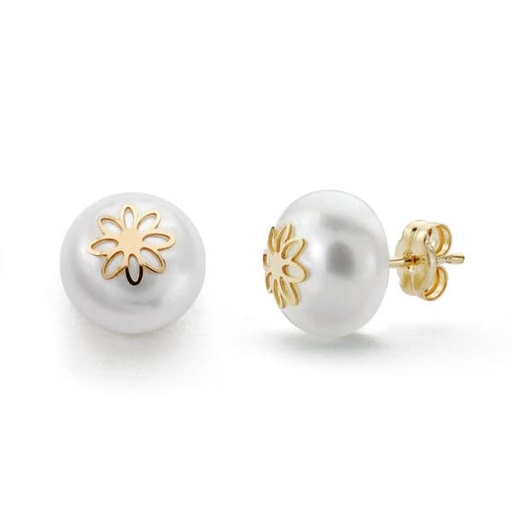 [P18312] 18K PENDIENTES PERLA FLOR 9 MM PRESION