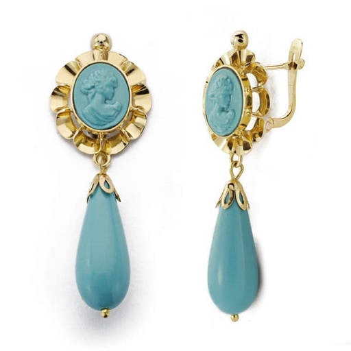 [P18361] 18K PENDIENTES CAMAFEO TURQUESA 43X14 MM